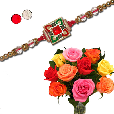 "Rakhi - ZR-5210 A (Single Rakhi),12 mixed roses flower bunch - Click here to View more details about this Product